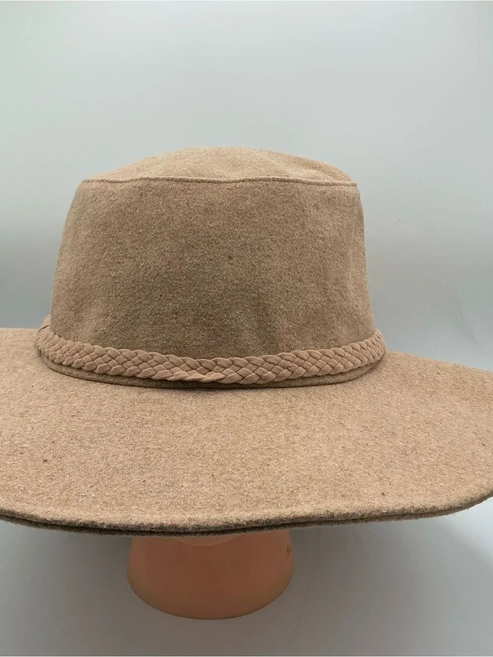 ASN The Harper hat in a tan or oatmeal felt material with a braided band NWT